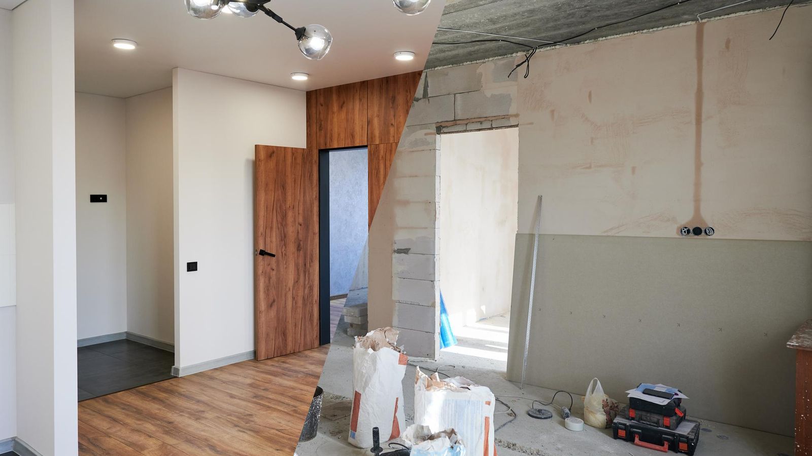Interior renovation in progress with new wood flooring, drywall, and modern ceiling lights